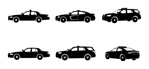 Police Car Icons, Black Silhouette Vehicles, Law Enforcement Fleet Collection © Dhriti