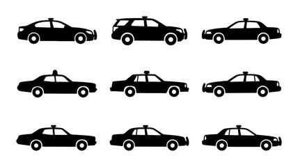 Police Car Icons, Law Enforcement Vehicle Silhouettes, Black Sedan and Wagon Vector Set © Dhriti