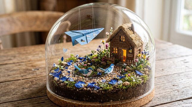 Miniature garden terrarium with paper airplane and tiny house for fairy or dollhouse decor