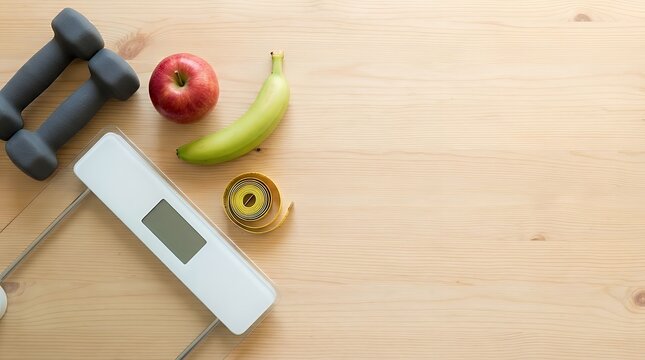 A Flat Lay Fitness and Weight Loss Concept Featuring Dumbbells a White Scale Fruit and a Tape Measure on a Wooden Table fitness and weight loss concept dumbbells white scale fruit and tape measure on