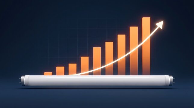 Long fluorescent tube light with glowing financial chart in background illustrating rising energy and electric product costs for businesses
