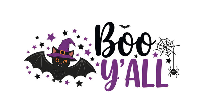 Festive boo yall typography design with a cute bat and witch hat for a happy halloween on october 31