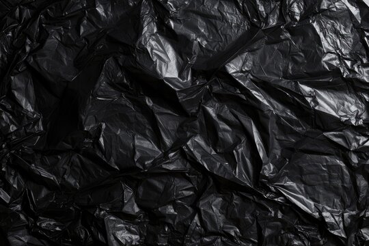 Close-up of crumpled, textured black plastic, reflecting light and creating shadows
