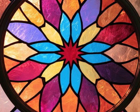 Circular stained glass window with vibrant, multi-colored geometric floral pattern
