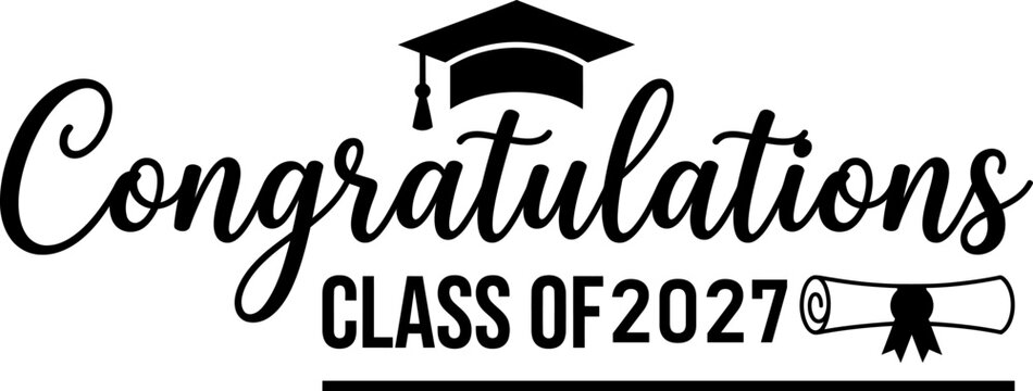 Congratulations class of 2027 lettering design featuring a minimalist graduation cap and a rolled diploma icon in bold black ink