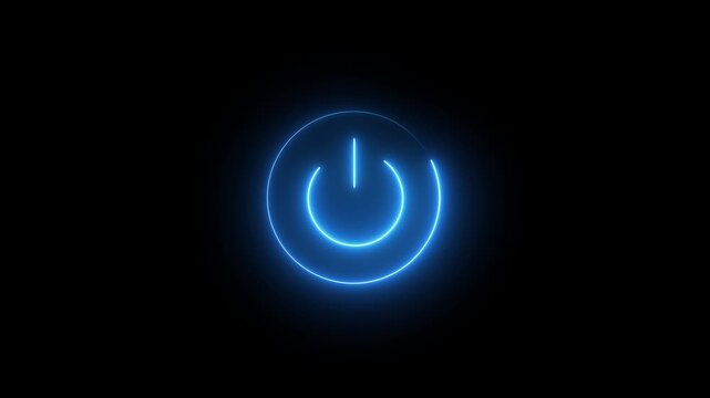 Neon power reset button icon sign animation. power button 4k video with black background.