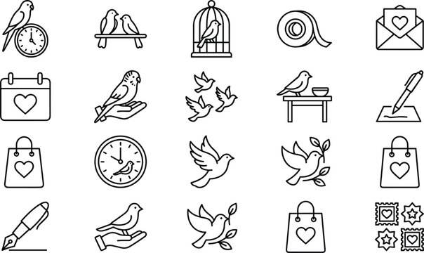 Outline bird theme graphic collection with flying doves parakeet love birds calendar mail stamp and romantic elements.eps