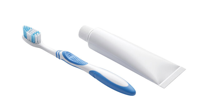 A white and blue toothbrush paired with a blank toothpaste tube on a clean white background, representing oral hygiene and dental care