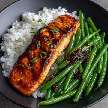 Delicious salmon and rice plate with fresh green beans