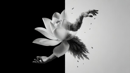 Fototapeta premium Surreal black and white artistic composition featuring a lotus flower merging with human hands.