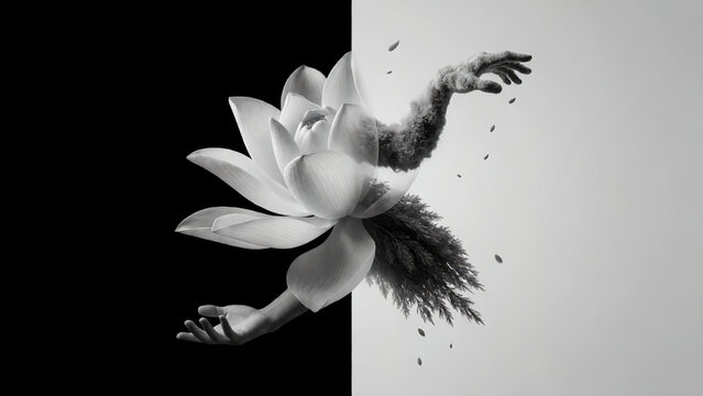 Surreal black and white artistic composition featuring a lotus flower merging with human hands.