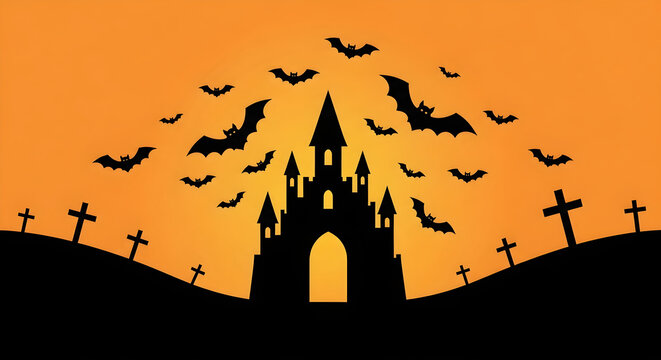 Spooky haunted castle silhouette with flying bats in a graveyard to celebrate a happy halloween on october 31 night