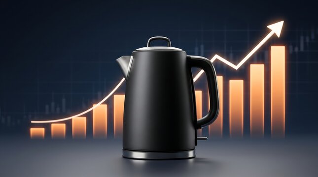 Black electric kettle standing before glowing orange bar chart showing sharp price increase on dark background with financial growth visual