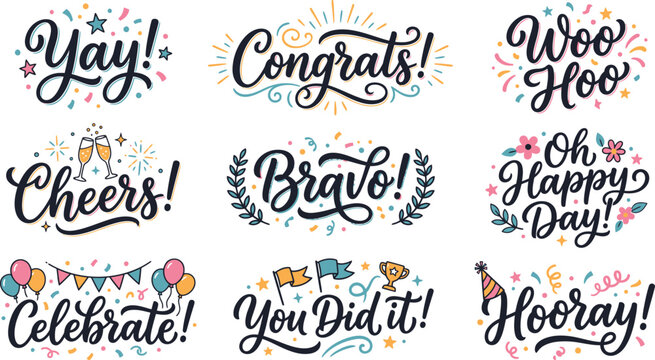 Festive collection of hand lettered congratulatory phrases and colorful celebration elements presented as a clean vector graphic design sticker set