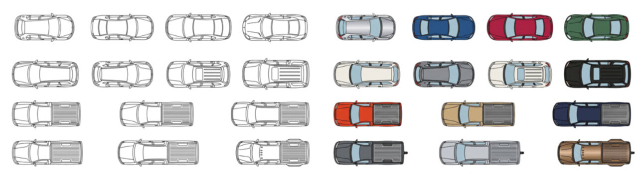 Top View Architectural Flat Vector and Outline Vehicle Car and Truck Site Plan Set