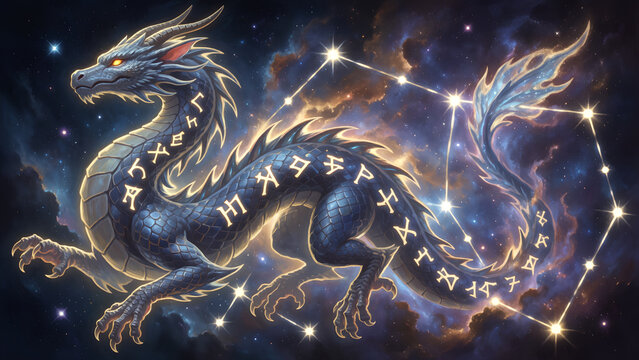 Majestic celestial dragon soaring through a vibrant starry night sky with glowing ancient runes.