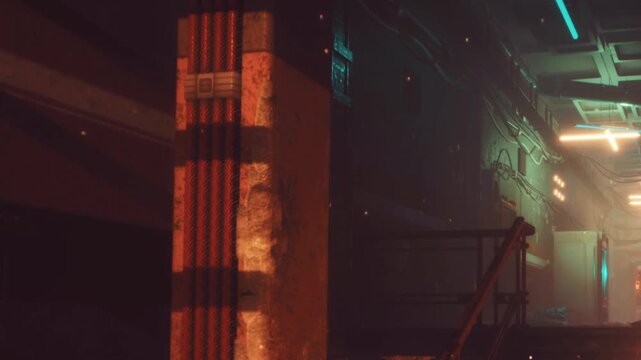 A person stands beside a concrete pillar near a staircase in a dark corridor. Soft lights create a shadowy atmosphere. The setting looks urban and quiet.