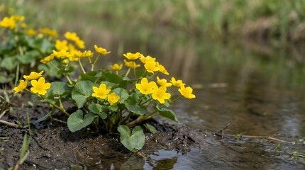 Fototapeta premium Beautiful wild yellow spring flowers Marsh Marigold (Caltha palustris) growing in marshes fens ditches and wet woodland representing the vibrant arrival of spring in natural wetlands. marsh marigold