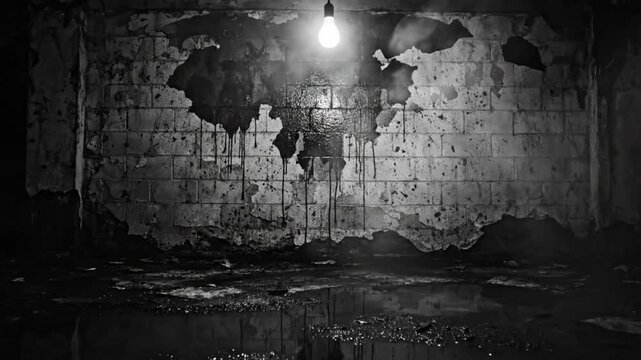 Spooky abandoned basement with dripping wall and single light bulb in black and white