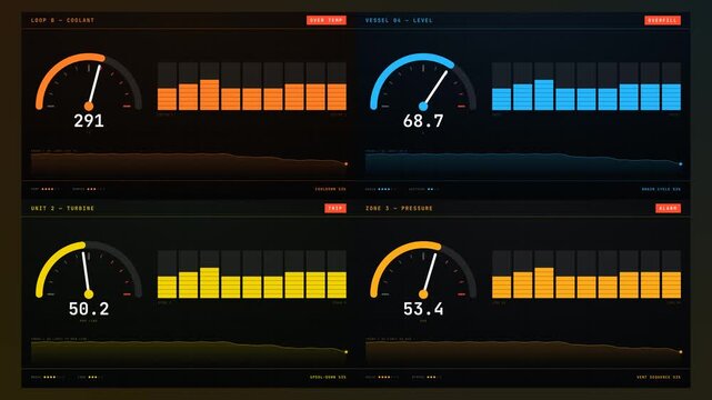 Industrial control screens on dark background, four panel split screen with pressure temperature and tank level gauges, bar meters and trend charts, factory automation motion graphic