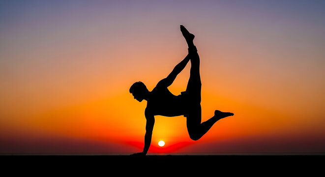 Woman doing yoga pose silhouette at sunset