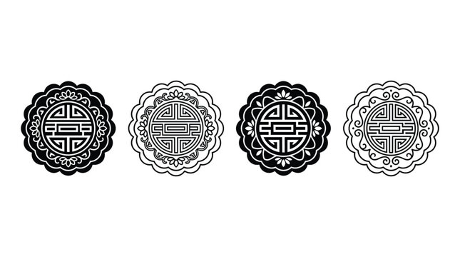 Four circular shou symbols with floral borders black and white vector design