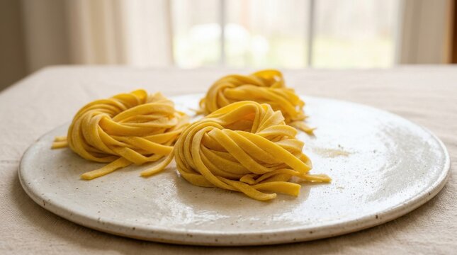 Three nests of fresh uncooked homemade fettuccine pasta on a ceramic plate