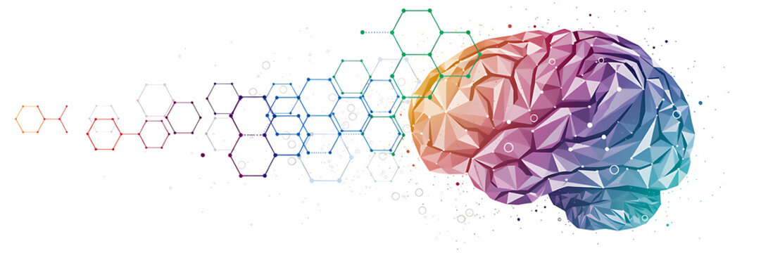Human brain with low poly geometric structure and connected hexagonal nodes in gradient colors isolated on a white background concept