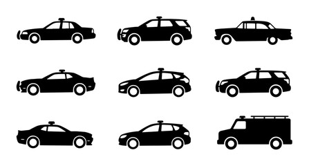 Police Car Icons, Law Enforcement Vehicle Silhouettes, Emergency Service Fleet Vector Set © Aditya