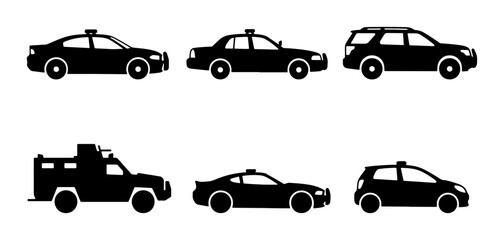 Police Car Icons, Law Enforcement Vehicles, Security Transport Set, Black Silhouette Collection © Aditya