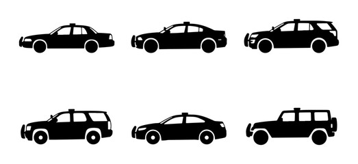 Police Car Icons Set: Patrol Sedan, SUV, and Utility Vehicle Silhouettes © Aditya