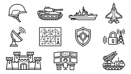 Naklejka premium Set of military and defense icons featuring vehicles weapons and tactical gear