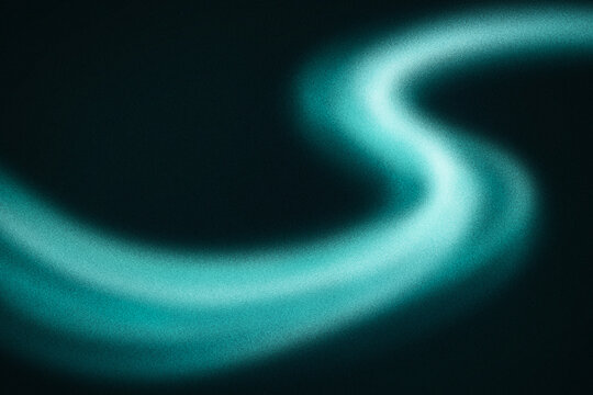 Abstract cyan light trail on black background, glowing neon wave with grainy texture, futuristic motion blur background for tech design