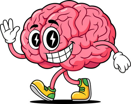 Cartoon of a happy pink human brain character walking and waving with lightning bolt eyes and yellow sneakers on white