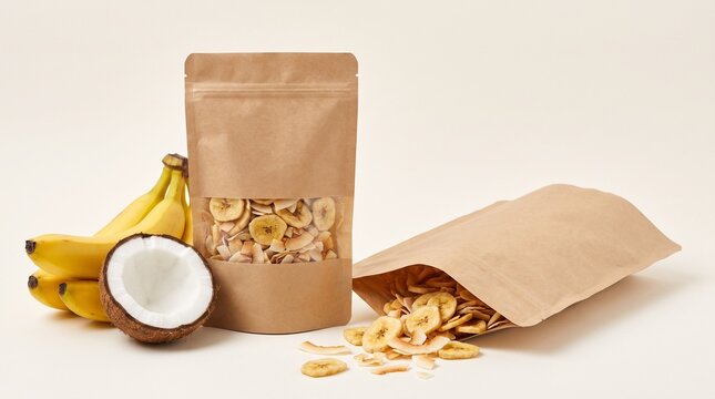 Dried organic banana chips and coconut flakes in eco kraft paper pouch mockup