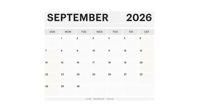 September 2026 Calendar Grid, Clean White Design, Future Planning, Date Organizer, Monthly Schedule, Week View, Business Planning, Event Reminder