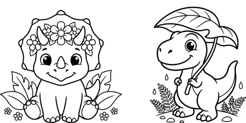 Cute cartoon dinosaurs coloring page featuring a triceratops with flowers and a baby dinosaur holding a large leaf umbrella © SHOAIB