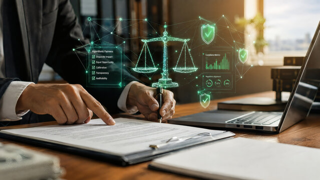 Compliance officer hands on desk with floating 3D AI governance and algorithmic ethics hologram