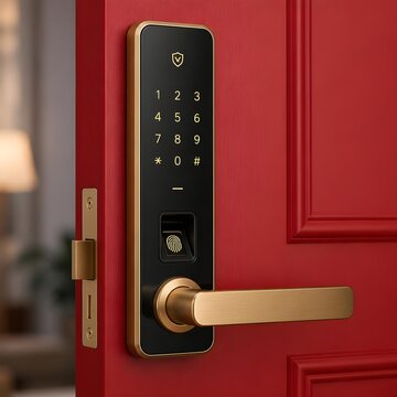 Smart lock keypad and gold handle on red paneled door.