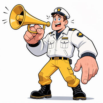 A cartoon driver with gigantic fingers honks a giant horn on a white background, wearing a spotless white jacket, bright yellow pants, and black boots.
