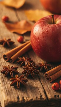 Red apple, star anise, and cinnamon sticks on rustic wooden background with autumn leaves, concept of autumn flavors and cozy comfort