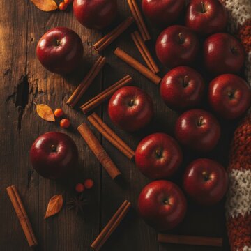 Red apples and cinnamon sticks on a rustic wooden table with autumn leaves and cozy knitted fabric, concept of autumn harvest and comfort