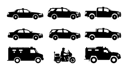 Police Vehicle Icons Set, Law Enforcement Cars, SUVs, Trucks, Motorcycle, Armored Van Vector Graphics © Boby