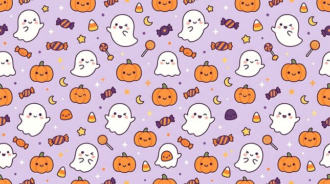 Seamless halloween pattern with cute ghosts pumpkins and autumn leaves on lavender background