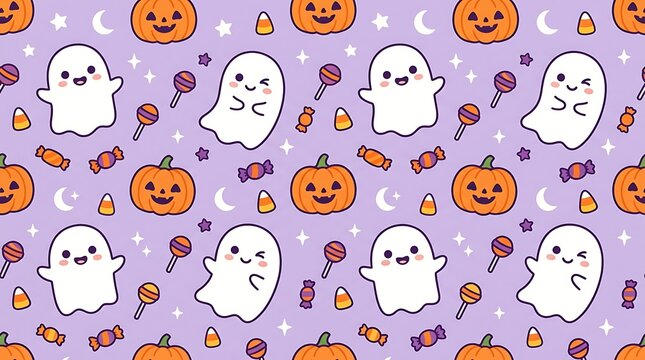 Seamless halloween pattern with friendly ghosts pumpkins and spooky treats on lavender