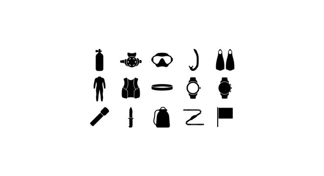 Scuba Diving Icons Set: Underwater Adventure Gear, Equipment, and Accessories Collection