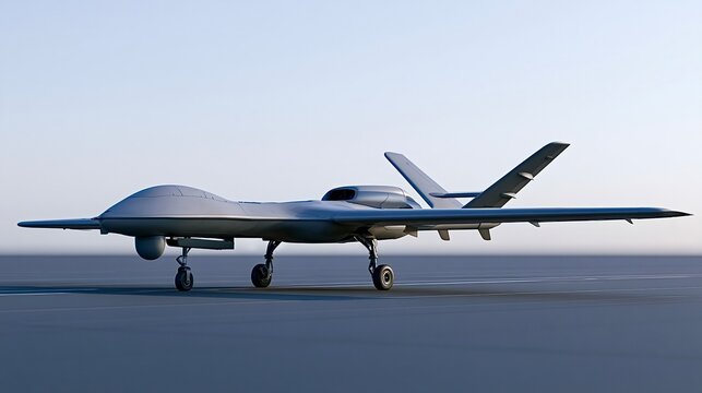 Military drone aircraft standing on runway preparing for surveillance mission