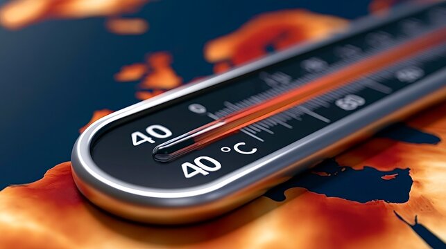 Thermometer showing high temperature on global warming map