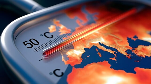 Thermometer showing 50 degrees celsius over a warming europe map