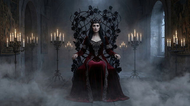 Gothic vampire queen sitting on a dark throne in a misty candlelit castle hall.